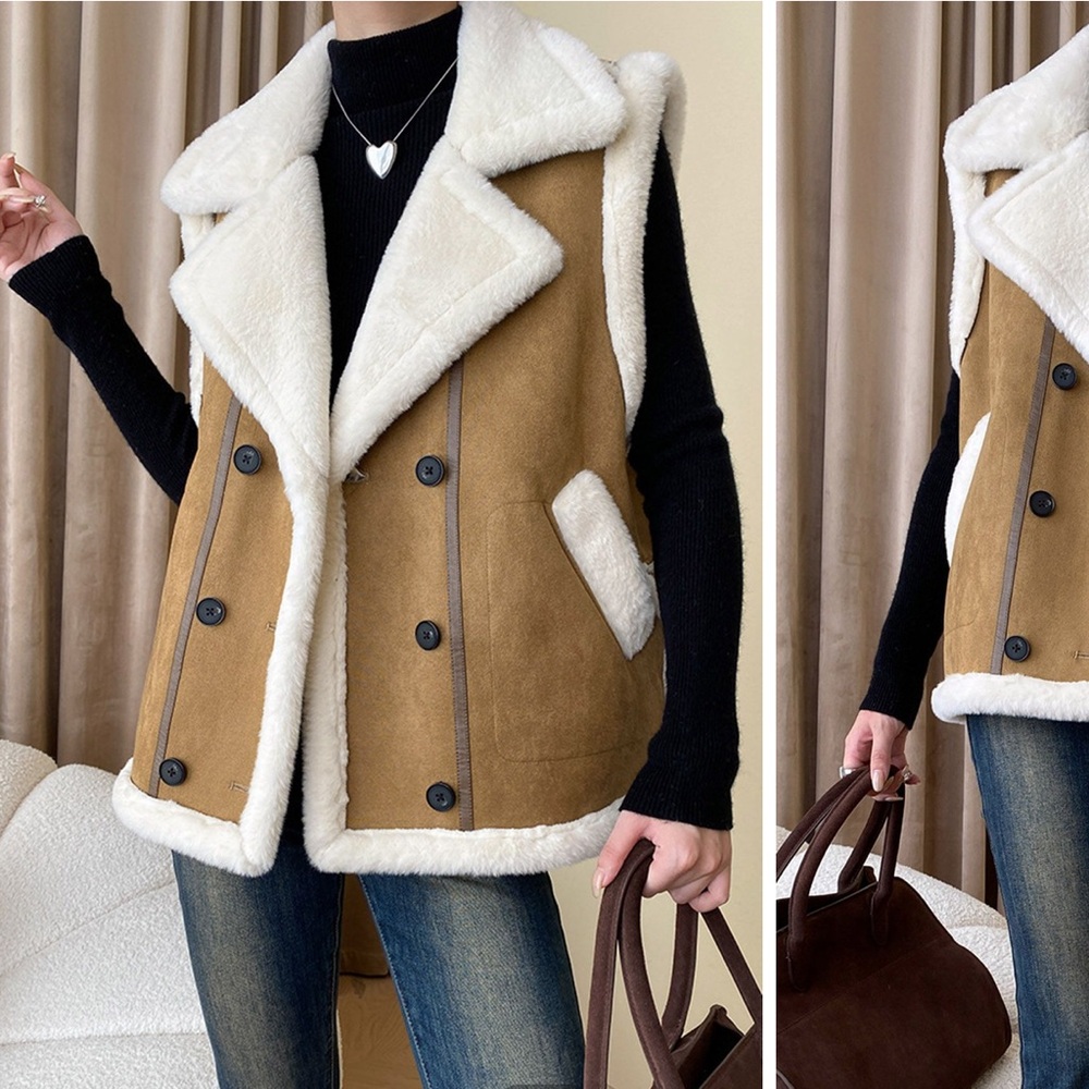 NWT FAUX FUR SUEDE DOUBLE-BREASTED VEST JACKET SZ S CHIC WISH